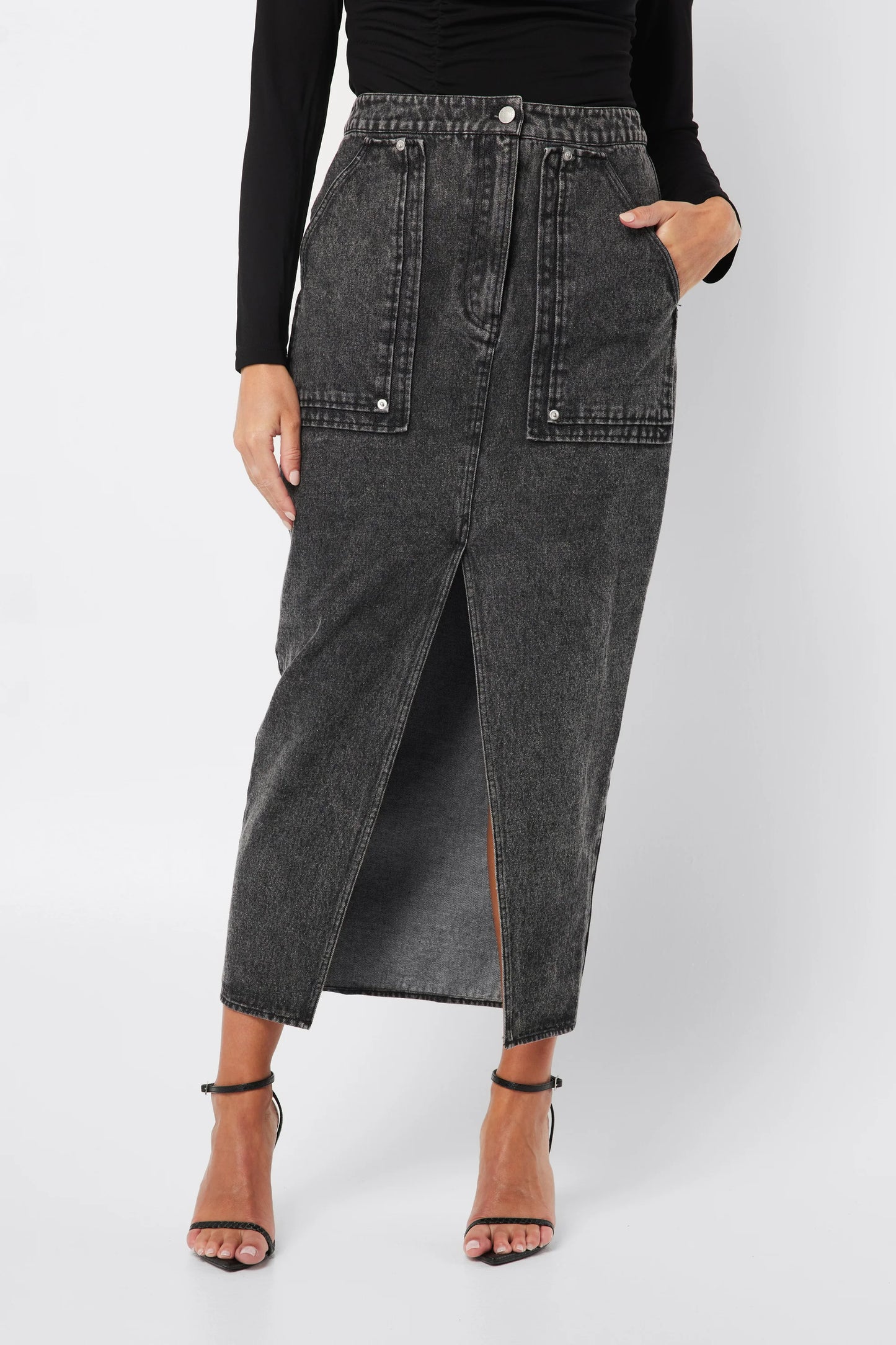 FUSE DENIM MIDI SKIRT BLACK