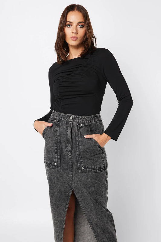 FUSE DENIM MIDI SKIRT BLACK